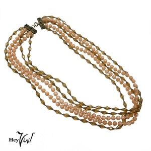 Vintage 5 Strand Necklace Pink Round and Diamond Shaped Beads 25 " Long -Hey Viv